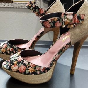 ANNE MICHELLE BLACK PINK FLORAL PEEP TOE CORK HEEL